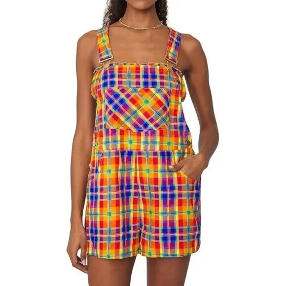 We Wore What Women's XL  Rainbow Overalls Short Romper Colorful Plaid Bold New - Picture 2 of 10
